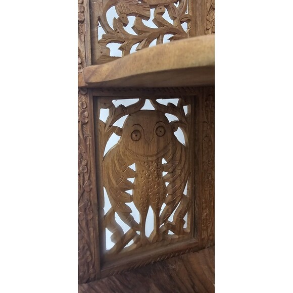 Vintage 16” Hand Carved Wood Folding Corner Display Shelf 2 Tier Owl India - Picture 4 of 16